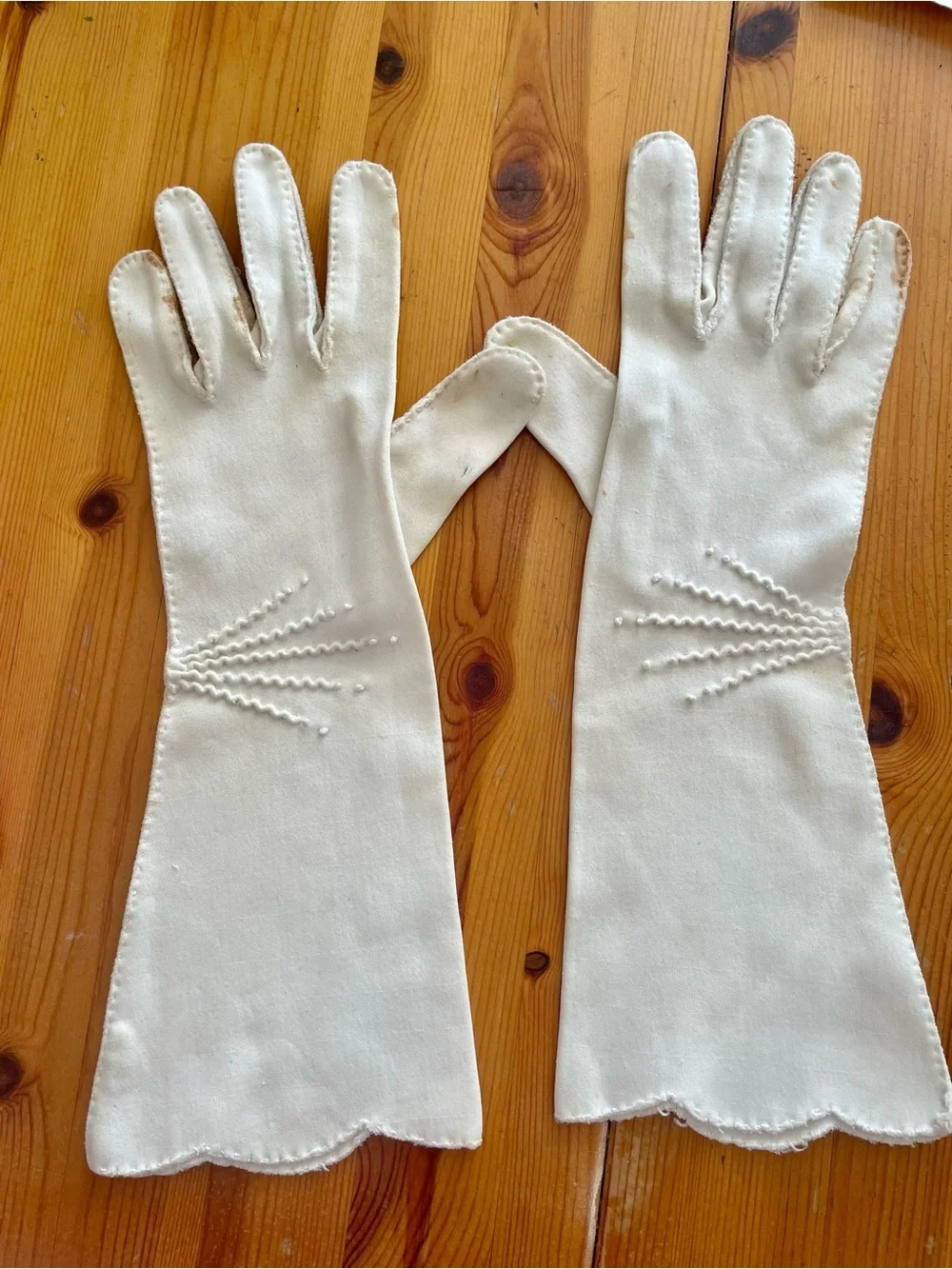 Vintage 1950’s Off-White Formal 13” Dress Gloves with Embroidered Detail